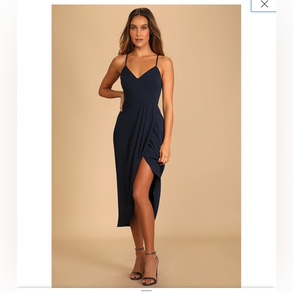 Lulus Reinette Navy Blue Midi Dress Size Medium Fitted Waist High Low Hem